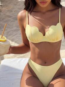 Bộ bikini hai mảnh co giãn cao cấp dành cho nữ, có chi tiết bèo nhún, buộc dây phía sau, kiểu dáng thanh lịch thường ngày. - Màu vàng - Xem 3