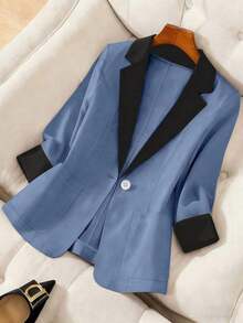 Blazer ligero de verano con cuello de contraste, uso casual/laboral, de 3/4 de manga para mujer - Azul 2 - Ver 9