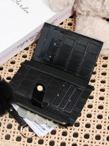 Cartera plegable con cierre de presión de cocodrilo negro, portador de tarjetas con múltiples ranuras, ventana de identificación y bolsillo con cremallera para monedas, decorado con pompón y llavero, organizador minimalista y compacto unisex para uso diario, viajes, compras, escuela, transporte, perfecto como regalo de cumpleaños o Navidad para mujeres, hombres, niñas y adolescentes - Negro - Ver 7