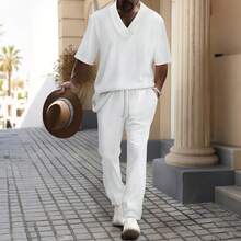 Brick Lane Co. 2026 Mens 2 Piece Outfits European And American Men's Casual Short-Sleeve Long-Pants Set With, Solid Color, Versatile Jacquard Summer Suit - 白色 - 查看 2