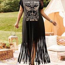 LUNE Plus Size Women Western Style Festival Casual Vacation Music Festival Placement Floral Print Fringe Hem Long Sleeve Dress, Spring/Summer - Gris - Ver 2