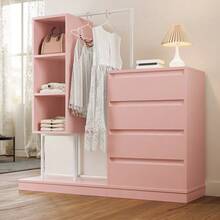Schubladenschrank, Kleiderschrank-Set, Rosa Kleiderschrank, Sideboard, Kleiderstange, Mass: B140/W40/H135,Rosa - 粉色 - 查看 2