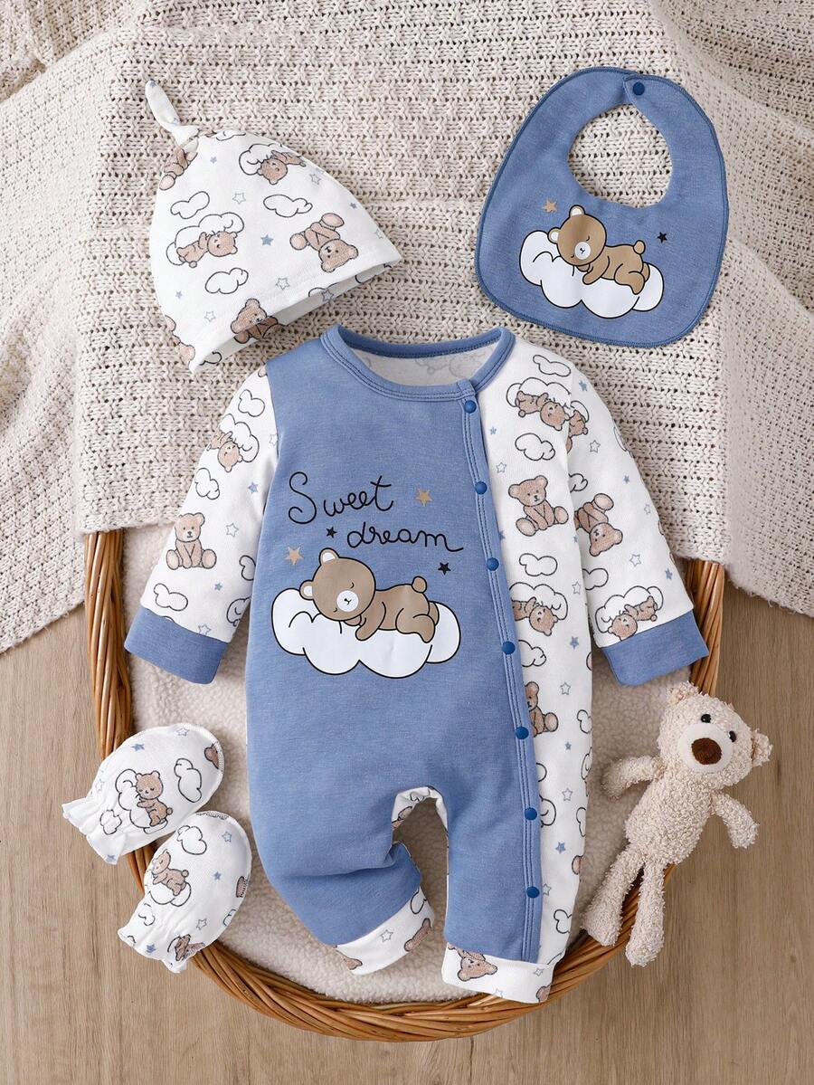 4pcs/Set Newborn Baby Boy Cloud & Bear Print Colorblock Romper + Hat + Gloves + Bib, Cute Outfit - Dusty Blue - View 1