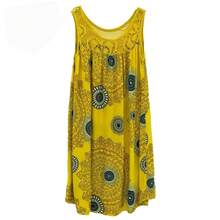 Ropa de mujer, vestido camisola sin mangas de verano con estampado de encaje sin mangas, vestido sexy holgado con vuelo grande, falda larga de talla grande - Amarillo - Ver 1