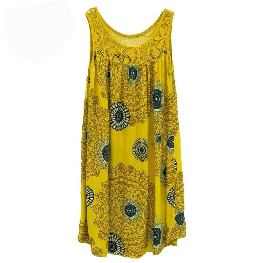 Ropa de mujer, vestido camisola sin mangas de verano con estampado de encaje sin mangas, vestido sexy holgado con vuelo grande, falda larga de talla grande - Amarillo - Ver 1