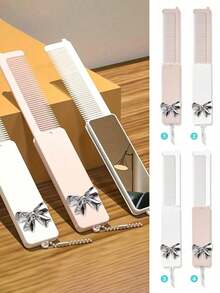 Foldable Comb And Makeup Mirror With Y2K Style Silver 3D Bow Decoration, Cute Bow Portable Comb With Mirror Keychain, Can Be Used As Keychain, Pendant, Hand Mirror, Desktop Mirror, Fashionable And Practical Travel Beauty Tool - Multicolor - View 2