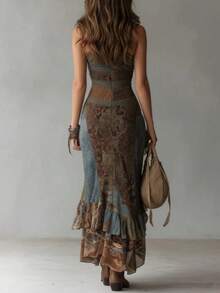 Y2K Grunge Style One Shoulder Maxi Dress, Patchwork Print Asymmetrical Hem Party Dress - 棕色 - 查看 4