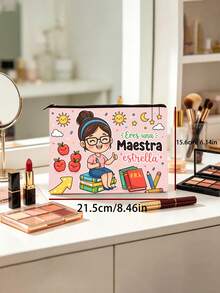 Maestra（西班牙语教师）印花化妆包，可爱彩虹苹果主题拉链袋 - 彩色 - 查看 2