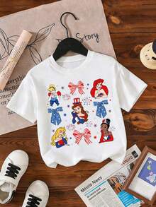 Disney Princess Girls T-Shirt, Cinderella Ariel Belle Aurora Tiana 4th Of July Patriotic Print Tee, Short Sleeve Casual Top For 2-14Y Kids, Independence Day Party Outfit Express Delivery - 白色 - 查看 1