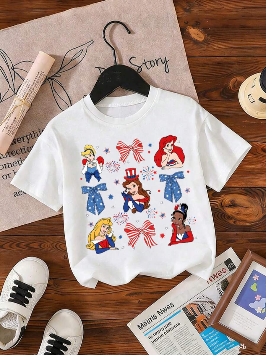 Disney Princess Girls T-Shirt, Cinderella Ariel Belle Aurora Tiana 4th Of July Patriotic Print Tee, Short Sleeve Casual Top For 2-14Y Kids, Independence Day Party Outfit Express Delivery - 白色 - 查看 1