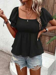 Fashionable Short Sleeve Floral Print Blouse With Ruffled Hem For Women - 黑色 - 查看 1