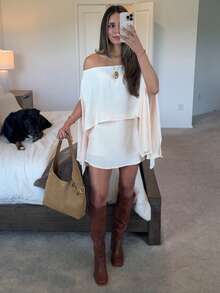 SMILE CHIC 2026 New Summer Off-Shoulder Slit Flowy Casual Cover-Up Top - Apricot - View 8