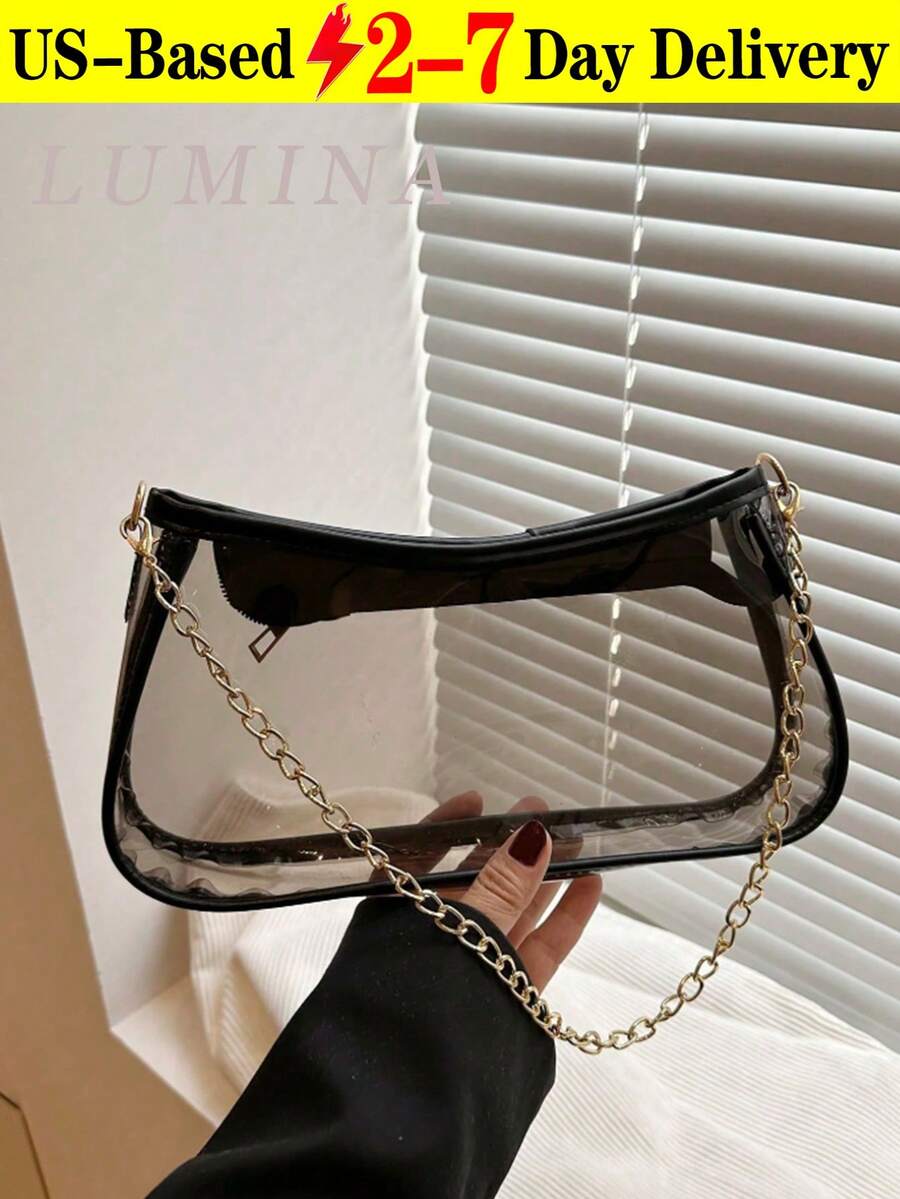[US-Based Shipping]Stadium Approved Clear Bag Y2K Retro Fashion  Black Trim Transparent Waterproof PVC Underarm Shoulder Hobo Bag With Gold Chain Women's Handbag Summer Purse For Young Women College Students Young Professionals White-Collar Workers, Suitable For Concert Festival Sports Office Work Business Commute University Daily Use Casual Outings Shopping Wallet Carrying Beach Travel Vacation Picnic Outdoor Activities Mother's Day Gift Vacation Essentials Bolsos De Mujer Elegantes - Nhiều màu - Xem 1