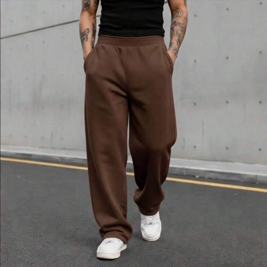Men's Wide Leg Sweatpants For Winter, Plain, Comfortable, Stylish, Cotton. - 咖啡棕 - 查看 1