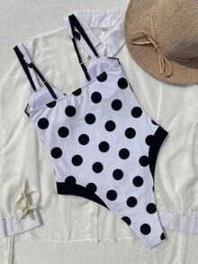 女款優雅復古圓點連身夏季泳衣，適合海灘度假、海邊活動與時尚度假穿搭 - 彩色 - 查看 5