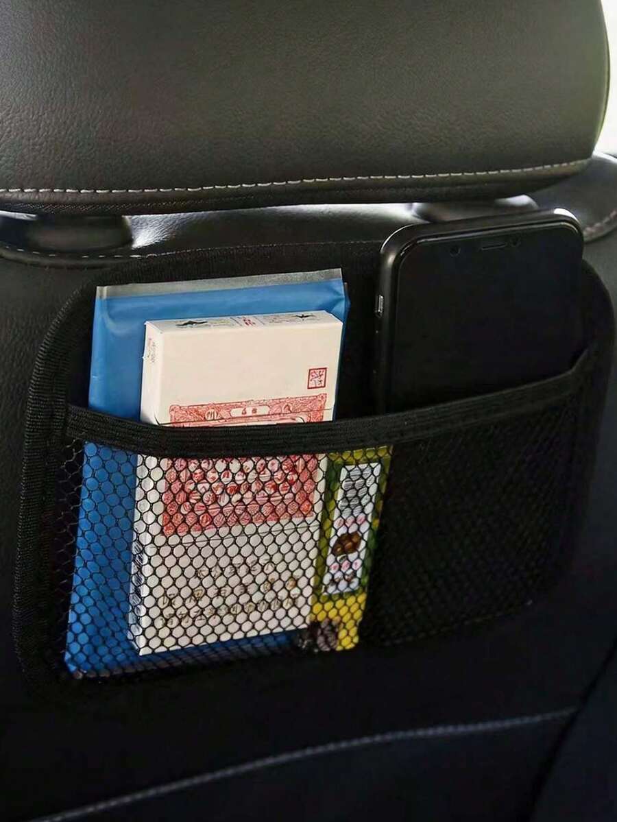 Bolsa de red para almacenamiento en el respaldo del asiento del coche, organizador de red multifuncional autoadhesivo que puede sostener teléfono, billetera, llaves, tarjetas, solución de almacenamiento práctico en el interior del coche, accesorio decorativo para ahorrar espacio