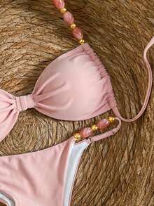 Bikinx Women's Halter Neck Back Tie Bikini Set, Bohemian Style Color-Block Beaded Shoulder Straps, Suitable For Beach Vacation Pink Summer - Pink - View 6