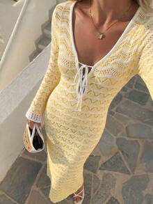 Robe longue ajourée à manches longues de protection solaire, style décontracté vacances, pour fête de plage, station balnéaire, bohème, sexy, pour femmes, nouvelle collection printemps/été - Beige et blanc cassé - Voir 8
