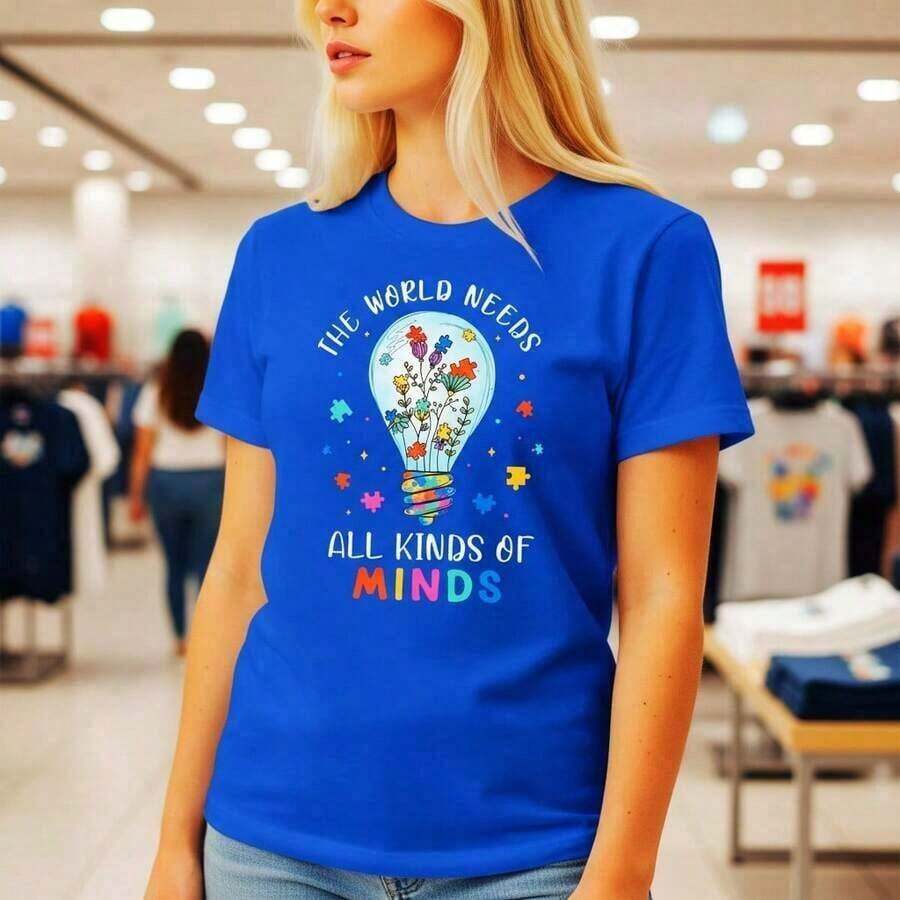 New Women's Summer Casual Cotton T-Shirt With "The World Needs All Kinds Of Minds" Print, Sizes S-5XL, Casual Daily Wear, Black Graphic T-Shirt, Soft And Comfortable Fabric, Loose Fit, Round Neck, Autism Awareness Design, Fashionable Top For Ladies - Unisex Cotton Short Sleeve Round Neck T-Shirt, Vintage Urban Style. - 藍色 - 查看 1