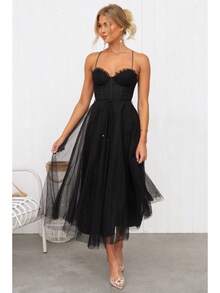 KZKZWK Cami Tulle Midi Dress With Corset Bodice, Sweetheart Neckline, Tie Waist Detail, Flared A-Line Skirt, Bridesmaid & Formal Party Wear - 黑色 - 查看 2