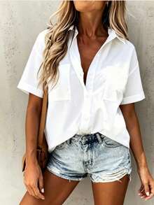 Women's White Short Sleeve Shirt, Collared, Pocket, Regular Fit, Non-Stretch Top Summer - White - View 1