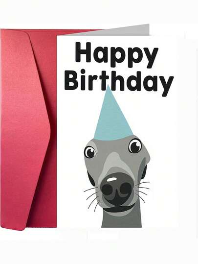 1pc Cute Greyhound Dog Birthday Card With Envelope, Funny Party Hat Greyhound Themed Greeting Card For Him, Her, Family & Friends, Perfect For Birthday Party Supplies