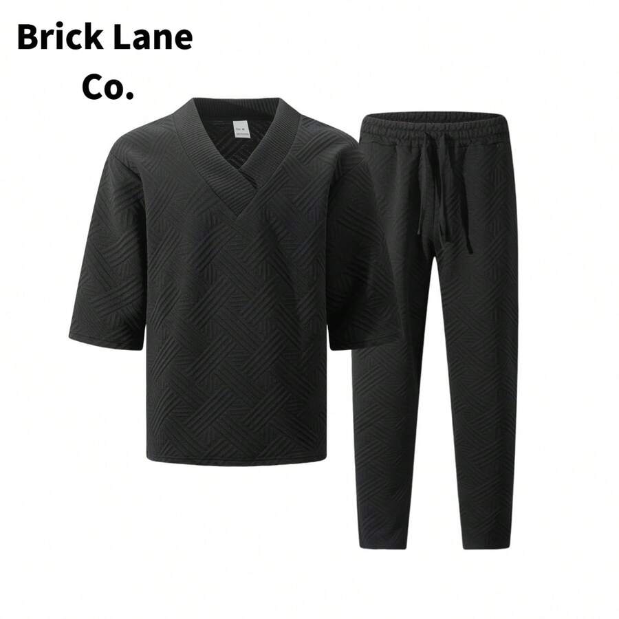 Brick Lane Co. 2026 Mens 2 Piece Outfits European And American Men's Casual Short-Sleeve Long-Pants Set With, Solid Color, Versatile Jacquard Summer Suit - 黑色 - 查看 1