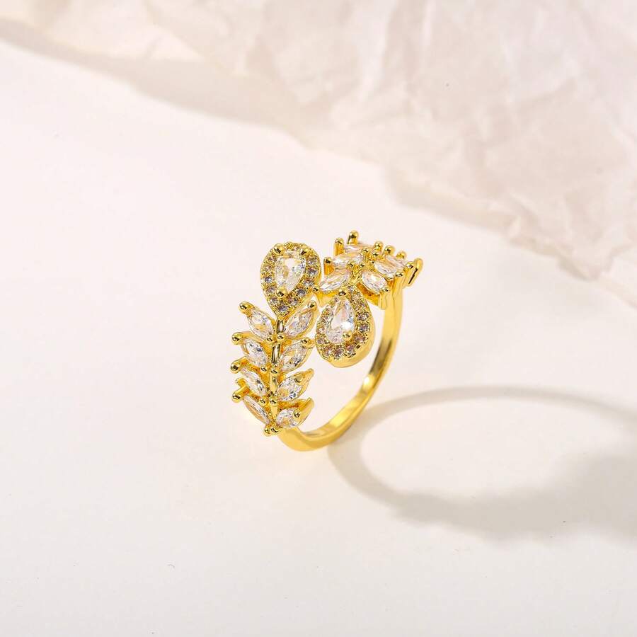 1 chiếc nhẫn thiết kế tối giản độc đáo, nhẫn hở thời trang cá nhân hóa đính đá Zirconia siêu sáng bóng dành cho nữ. - Lá vàng - Xem 1