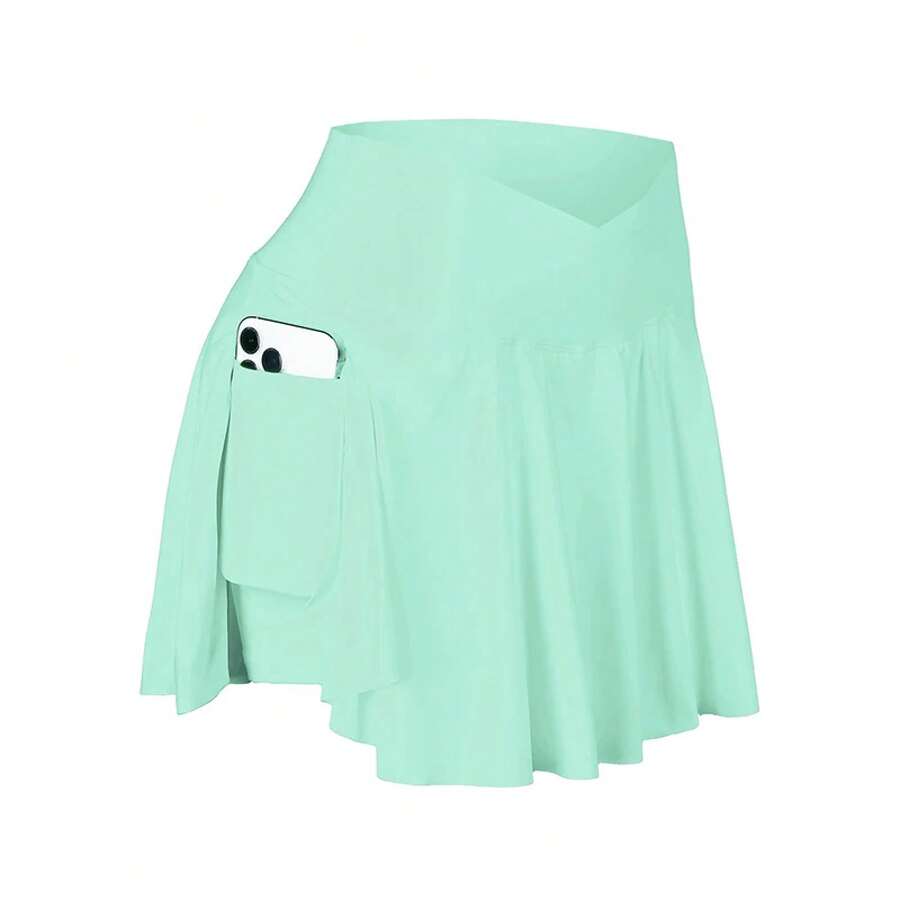CHRLEISURE Falda de tenis para mujer con bolsillos cruzados de cintura alta faldas de golf atléticas faldas de entrenamiento para correr 2 en 1 - Verde - Ver 1