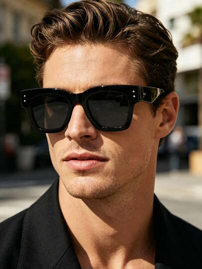 1 PC Men's Classic Casual Square Fashion Glasses Black Polycarbonate Frame With Soft Tinted Lenses Lightweight Snug Fit Suitable For Outdoor Commute With Glasses Box