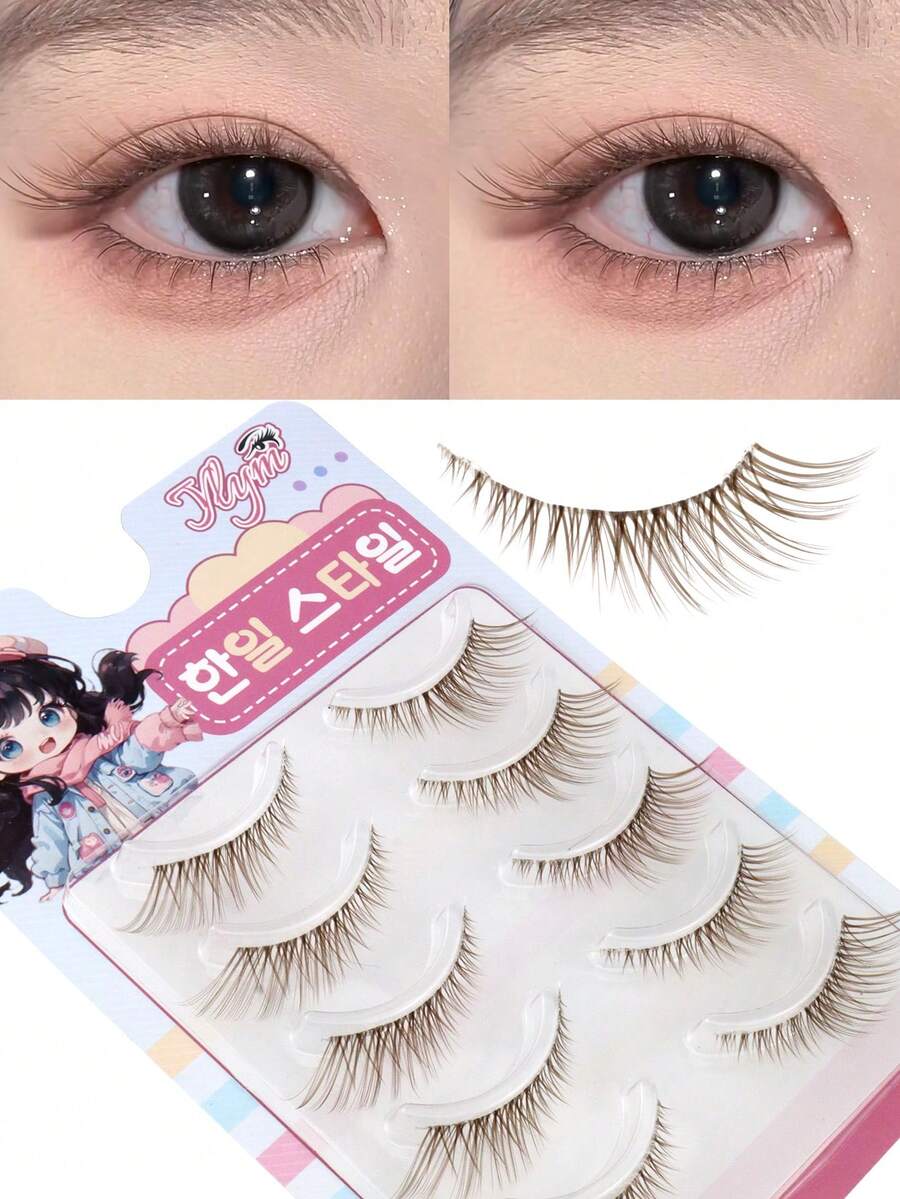 5 Pairs Brown Fox-Inspired Winged Eyelashes, Elongating, Natural, Soft, Fluffy, Lightweight, Suitable For Dates And Everyday Makeup - View 1