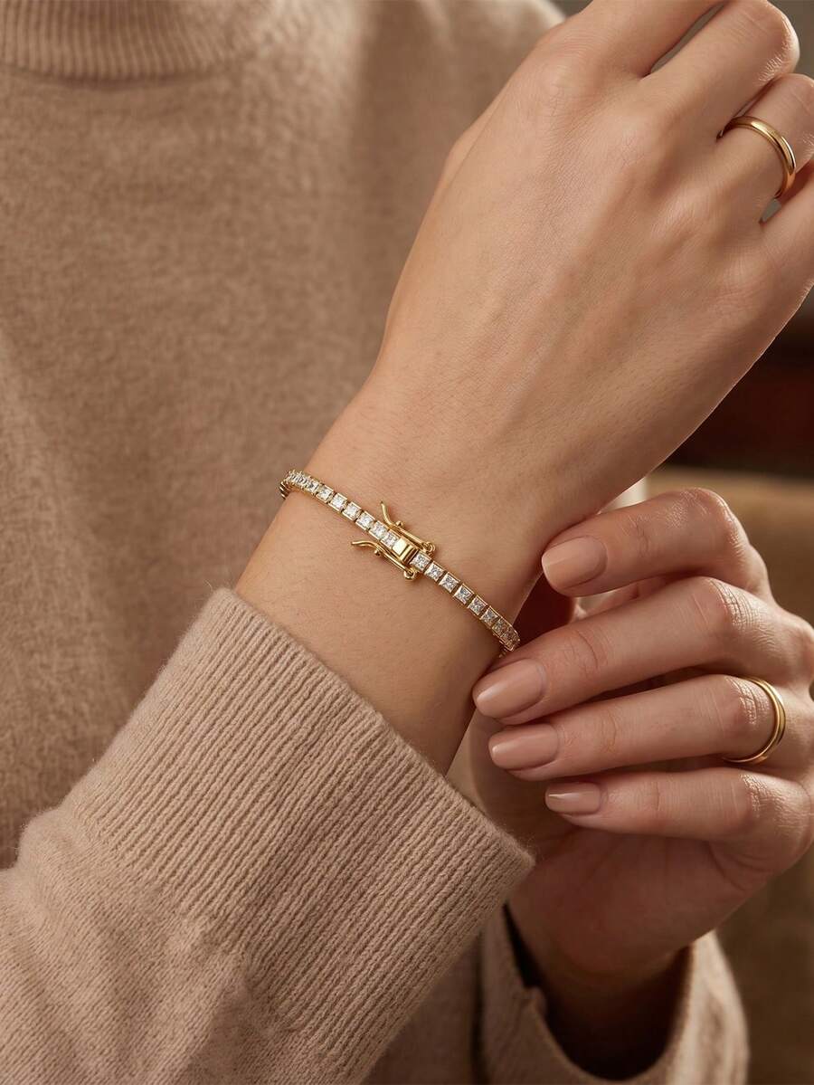 ORSA JEWELS 1 Chiếc vòng tay dây xích tennis bằng bạc sterling 925 và vàng 14k, đính đá Zirconia vuông 2mm, trang sức cao cấp dành cho nữ và nam, quà tặng đám cưới, tiệc tùng, sinh nhật và Giáng sinh 2026. Vòng tay thời trang