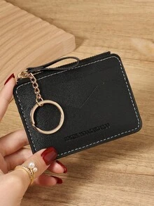 Black Minimalist Solid Color Card Holder Purse Wallet, Zip Around With Chain Keychain, Multi Card Slots Coin Pocket ID Window, Unisex Slim Compact For Daily Use Travel Shopping - Black - View 10