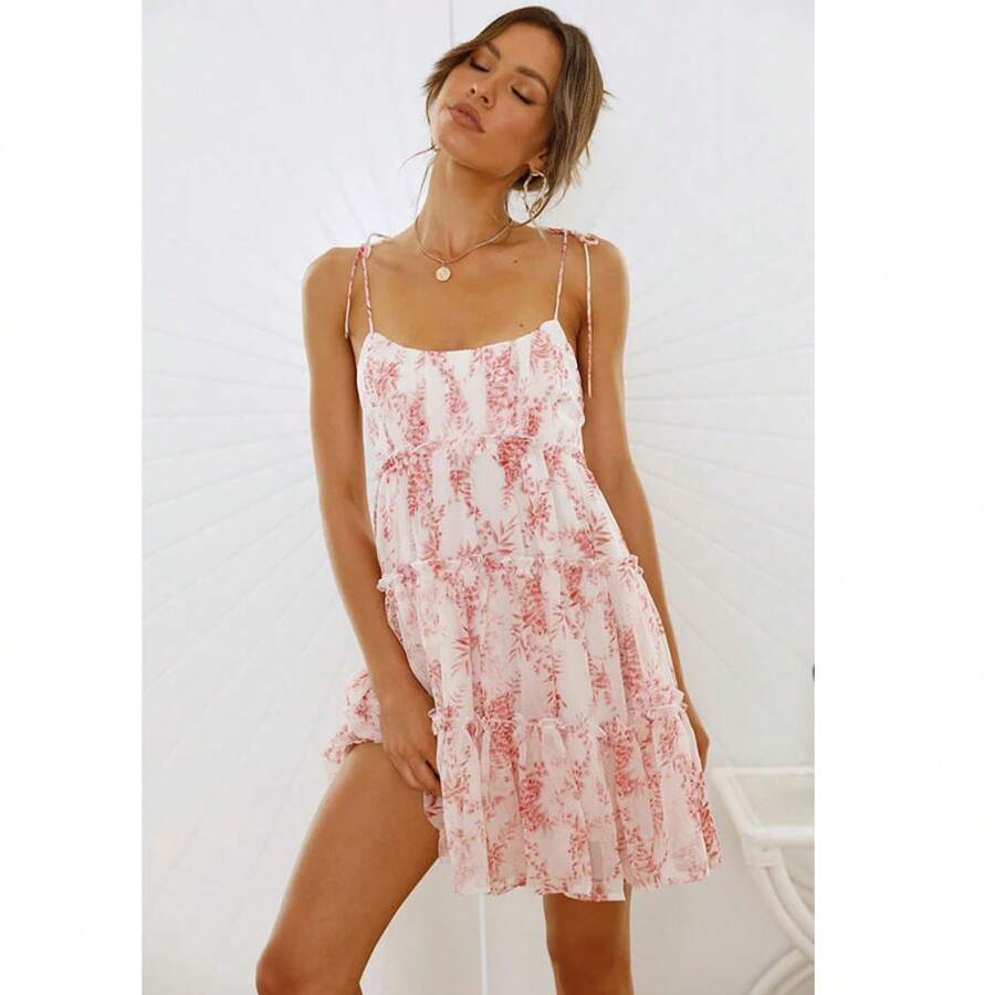 KZKZWK Floral Print Cami Mini Dress, Tiered Ruffle Hem, Casual Vacation Sundress - 粉紅色印花 - 查看 1