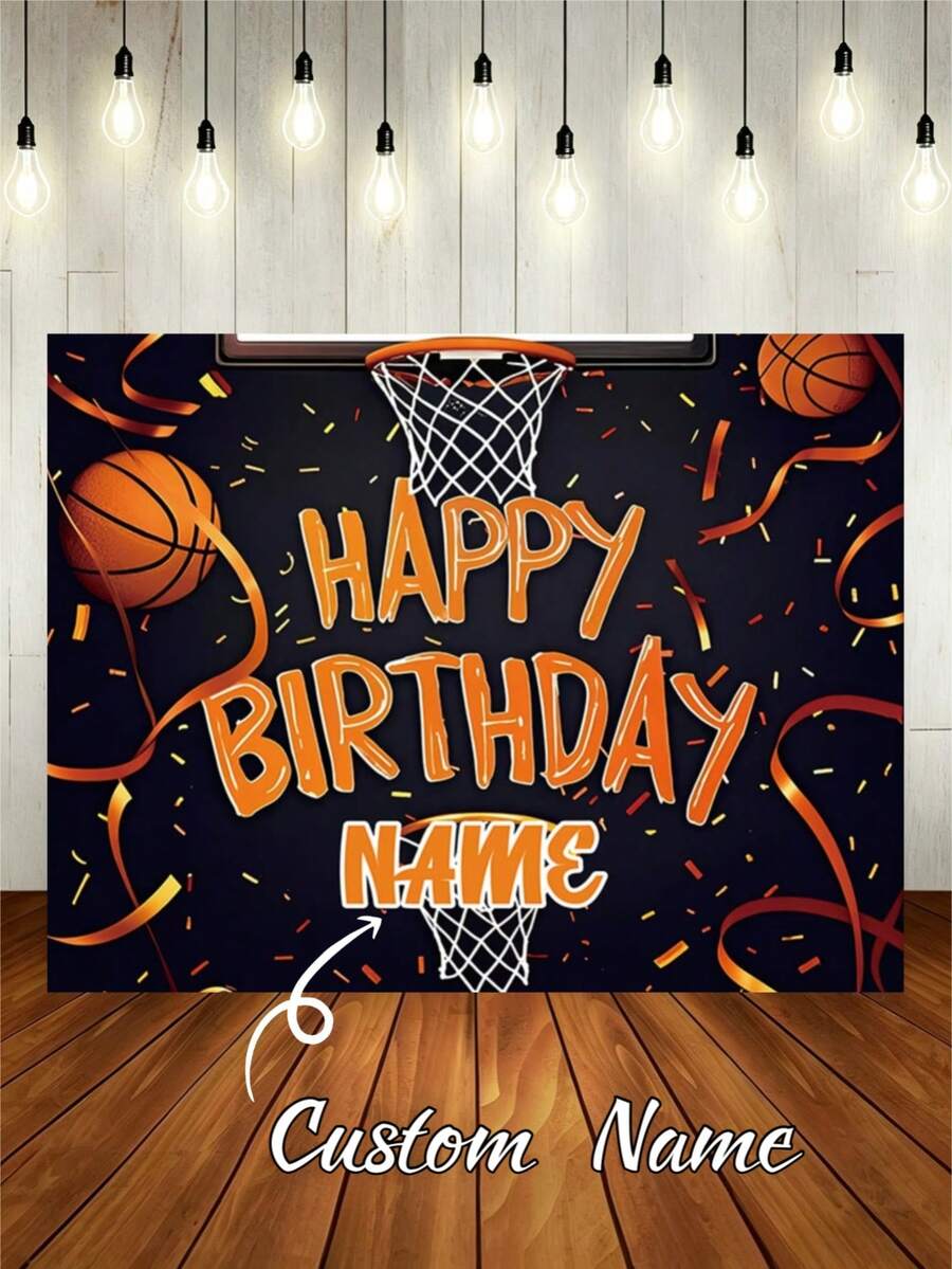 可定制篮球主题“生日快乐”背景幕布，黑色背景，橙色丝带和篮球框装饰——非常适合篮球主题生日派对、送给朋友、男女朋友的礼物以及室内/室外摄影背景（乙烯基材质）