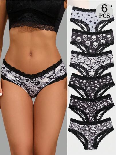  Dircho 6pcs Gothic Print Women's Underwear - High-Waisted Stretch Panties With Lace Trim, Skull & Rose & Star Patterns