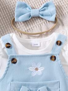Baby Girls' Cap Sleeve Bodysuit + Bow Decor Embroidered Pinafore Dress & Hairband Set - Dusty Blue - View 4