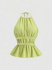 Conjunto de dos piezas para mujer estilo francés elegante color café, top halter de escote alto con tirantes finos, cintura fruncida y dobladillo peplum, combinado con pantalones anchos holgados de cintura elástica, tejido texturizado fresco y cómodo, ideal para uso diario, brunch, citas, salidas casuales, vacaciones y looks sofisticados de primavera y verano - Verde - Ver 7
