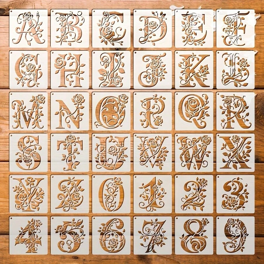 26件套花卉数字字母镂空绘画模板,DIY主题宠物墙绘喷漆 - 彩色 - 查看 1