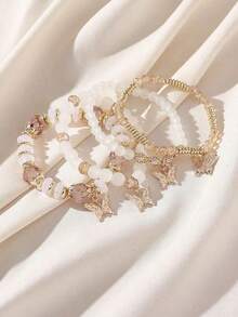4pcs Bohemian Handmade Glass Beaded Bracelet Set With Flower Bead & Butterfly Pendant For Women, Elastic - Cà phê - Xem 10