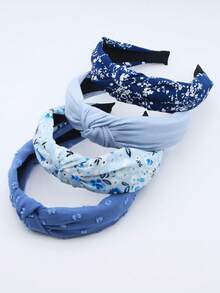 4 pièces Bandeaux en tissu bleu à motif floral et couleur unie antidérapants, bandeaux courbés, accessoires de mode pour cheveux, convenant pour le port quotidien, les activités de plein air, le lavage du visage, le maquillage, peuvent être utilisés comme accessoires de cheveux décontractés, outils de coiffure, accessoires de beauté, accessoires de bouclage, bandeau - Bleu azur - Voir 5