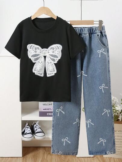 Girls Casual Butterfly Applique Short Sleeve T-Shirt And Butterfly Print Denim Long Pants 2 Pieces Set, Spring/Summer