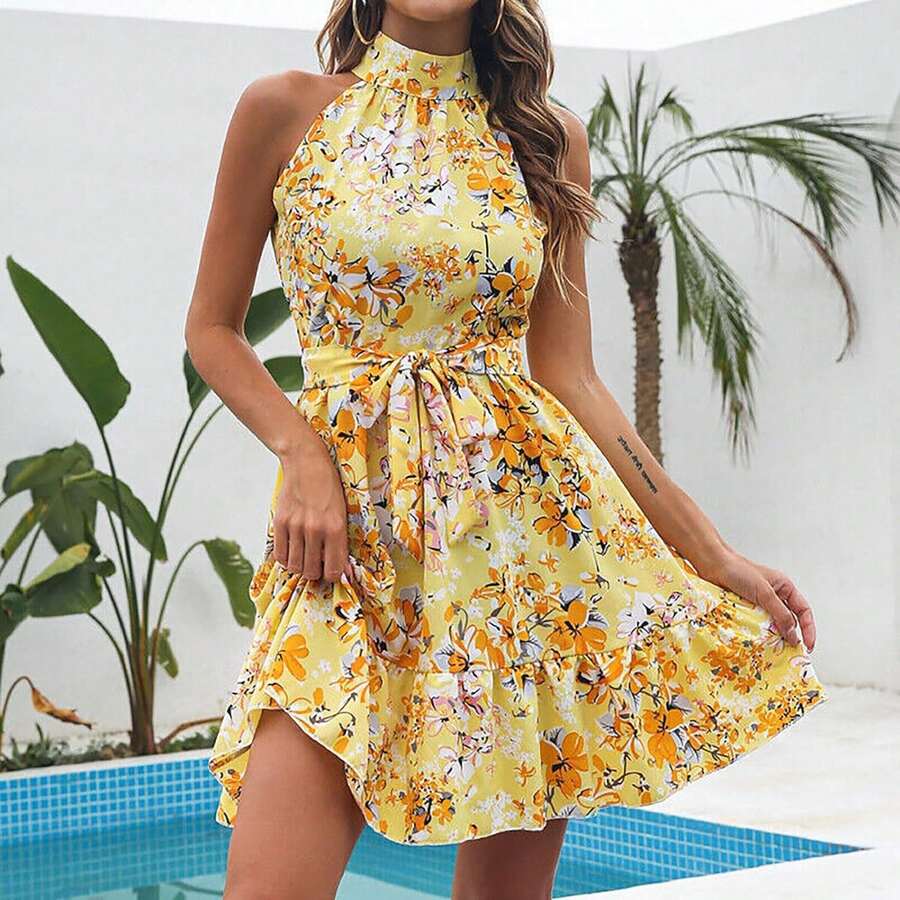 Women's Lace Ruffle Sleeveless Floral Dress Elegant A-Line Summer Midi Dress Lightweight - Yellow Floral - View 1