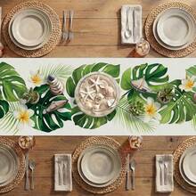 1 Stück tropischer Palmenblatt Tischläufer, hawaiianisches Federkranz-Blumenmuster Tischdekoration, geeignet für Zuhause und Partys - Grün - Übersicht 4