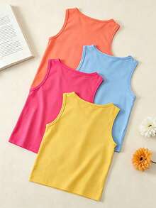 4pcs/Set Atasan Camisole Warna Permen untuk Anak Perempuan dengan Hiasan Pita, Cocok untuk Dipakai Sehari-hari di Musim Semi/Panas - MultiWarna - View 3