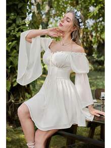 Vestido de Hada Renacentista para Mujer, Verano 2026, Estilo Boho, Hombros Descubiertos, Corsé Fluido, Vestidos Mini - Blanco - Ver 5
