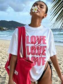 女士甜美中性白圆领T恤 - “LOVE”字母印花，休闲简约宽松短袖上衣 - 夏季百搭必备单品 - 白色 - 查看 2