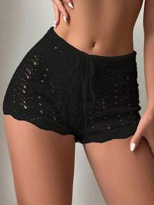 Traje de baño de ajuste cómodo con diseño de bloque de pantalones cortos de bikini de punto con cintura abierta y cordón hueco para mujer - NARANJA ROJO - Ver 3