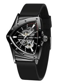 T-WINNER 1pc Fashion Sports Skeleton Automatic Mechanical Men's Watch, Rubber Strap, Business Casual Men's Watch - Black - View 6