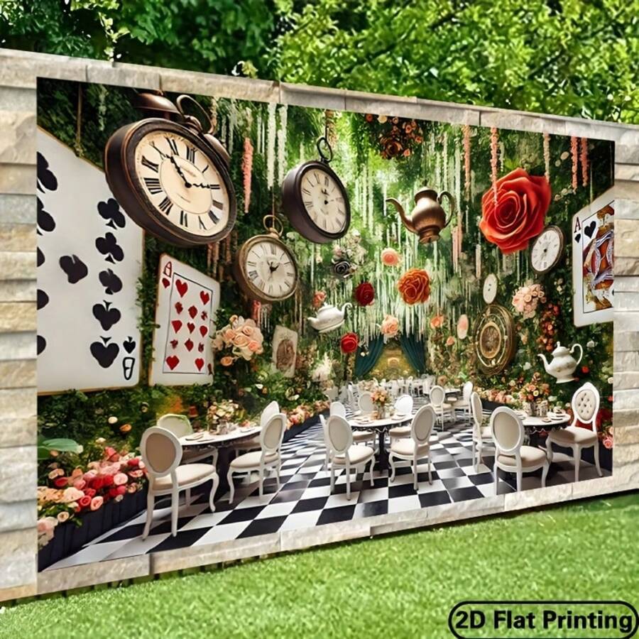1pc 2D Flat Banner Background, Funny Tea Party Style Wall Decor, Polyester Fabric Wall Sticker, Suitable For Living Room, Bedroom, Office, Home, Outdoor Party Decoration, Holiday Gift, No Power Required - 13 - View 1
